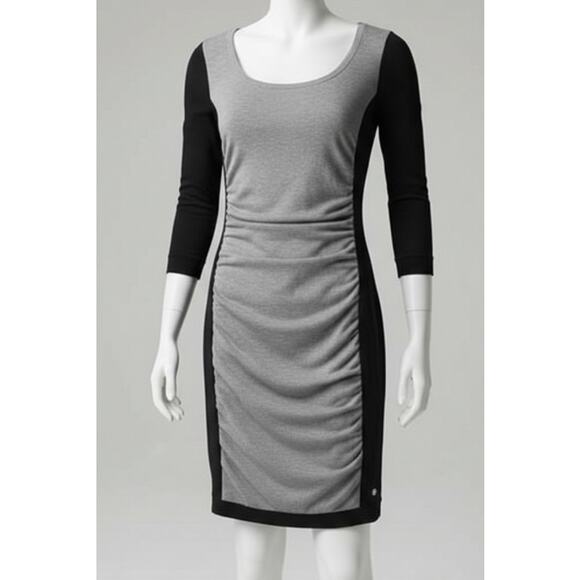 Guess Dresses & Skirts - Guess Ruched Bodycon Colorblock Black Gray Long Sleeve Sweater Dress NWT Large